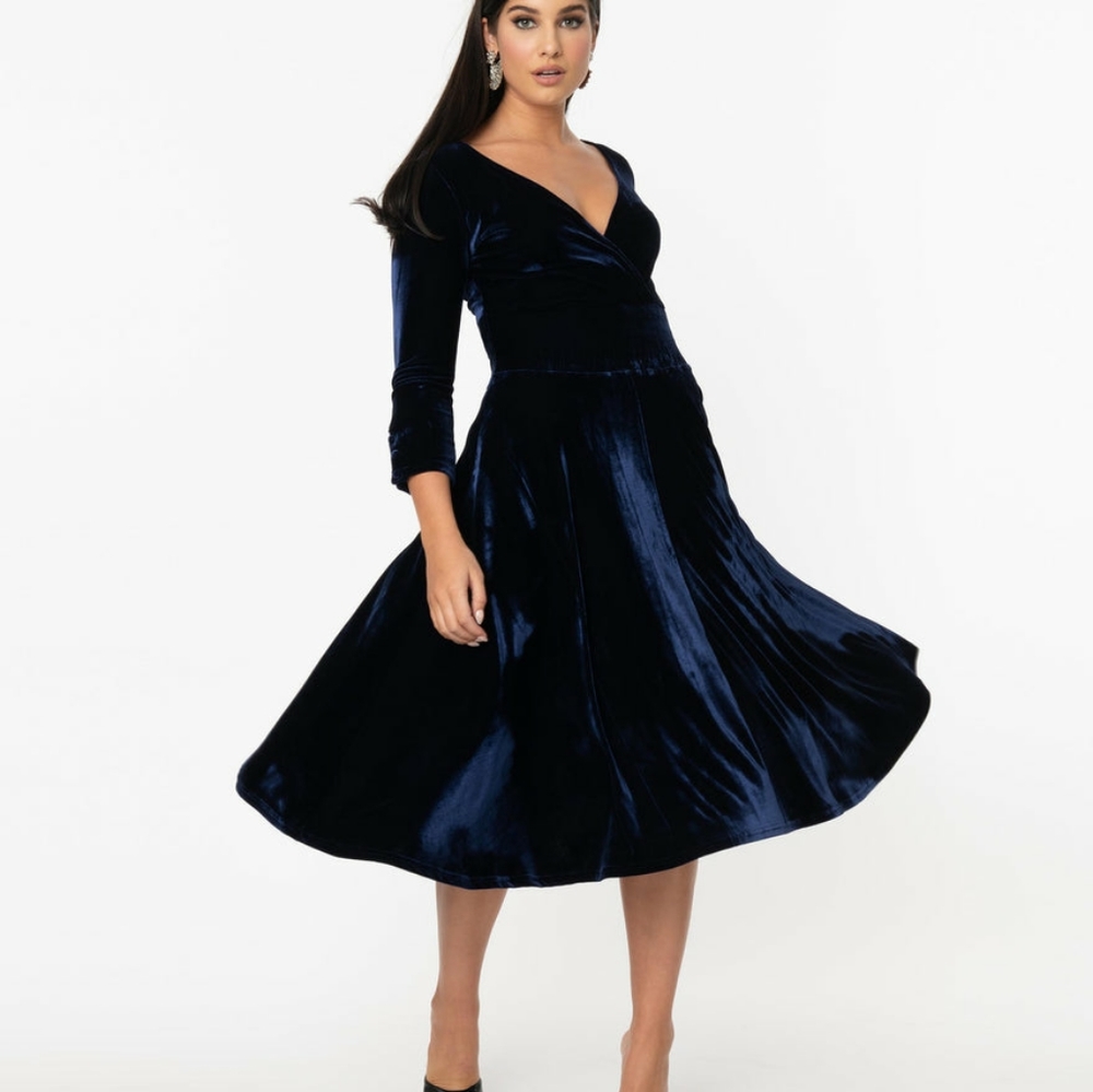 Unique Vintage blue velvet swing dress